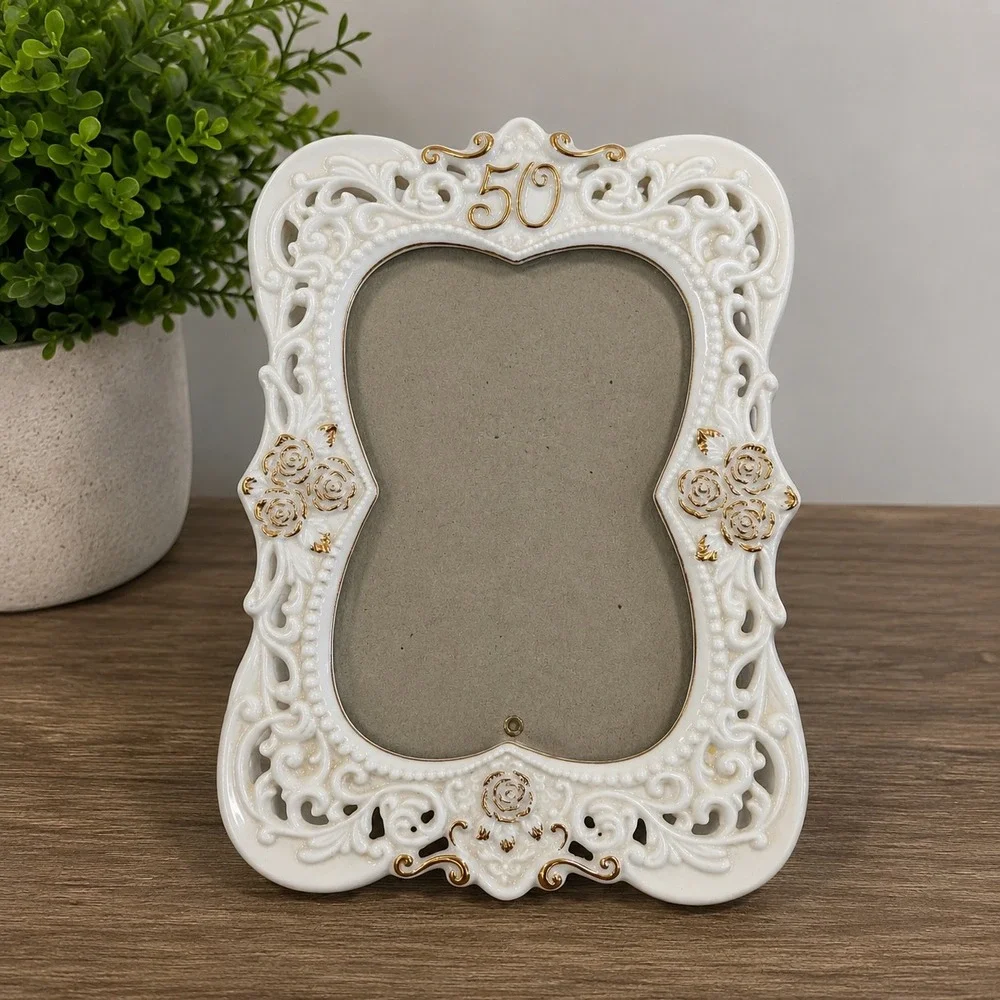 Vintage 50th Anniversary White Porcelain Picture Frame Gold Rose Scroll for 4x6